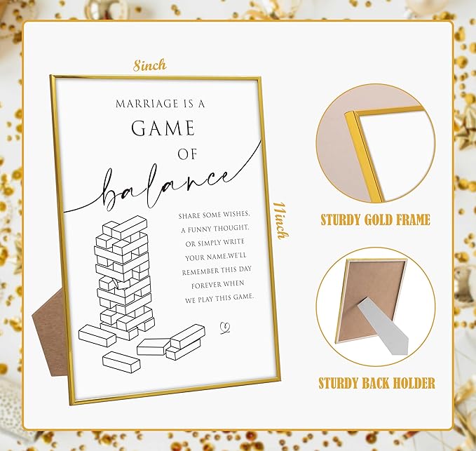Marriage is A Game of Balance Sign, 8"X 11" Gold Frame Wood Wedding Sign with Stand, Balance Jenga Game Signage, Engagement Party Decorations, Wedding Party Favors for Ceremony and Reception-9
