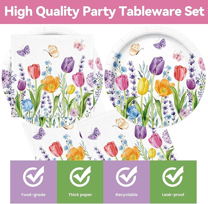 40Pcs Tulip Plates and Napkins Party Supplies, Disposable Spring Floral Plates Napkins Tableware Set for Picnic Wedding Baby Shower Bridal Shower Birthday Tea Party Decorations (Tulip)