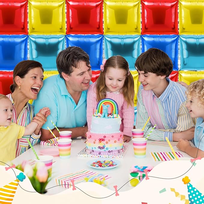 36 Pcs Gold Ring Birthday Decorations Balloons Brick Square Foil Balloon Wall Backdrop Arch Kit Double Sided Metallic for Cartoon Video Game Party Supplies(Red Yellow Blue)