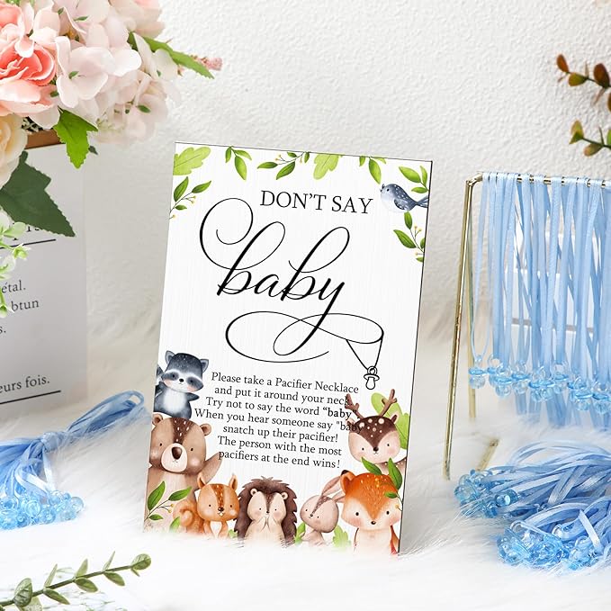 Geetery 51 Pcs Don't Say Baby Game Sign Cool Baby Shower Game 50 Pacifier Necklace Wooden Don't Say Sign Plastic Pacifier Party Favor for Gender Reveal(Woodland,Blue)