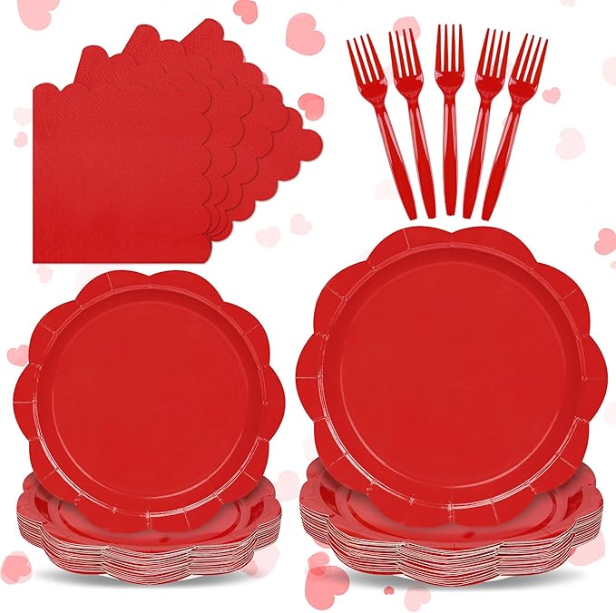 96 Pcs Red Paper Plates and Napkins Set Party Supplies, Tableware set for 24 Guest include Disposable Red Scalloped Plates, Napkins and Forks for Baby Shower Bridal Shower Wedding Christmas