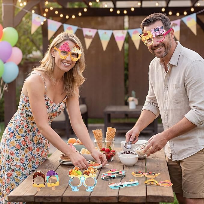 Pajean 32 Pcs Ice Cream Party Decorations Eyeglasses Ice Cream Themed Paper Glasses Summer Creams Photo Booth Props Frame 67 Birthday Decor for Sweet Summer 6 7 Birthday Party Baby Shower Supplies