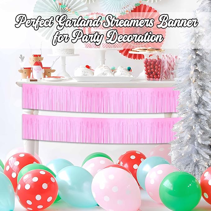 3 Pack 10 Ft Macaron Pink Foil Fringe Garland Metallic Streamers Tinsel Banner Wall Hanging Garland Backdrop for Parade Floats, Halloween, Christmas, Thanksgiving, New Year Party Decorations