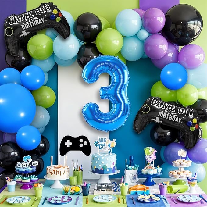 3th Birthday Video Game Balloons Arch, 3th Game Party Balloons Garland Kit 3th Game Birthday Supplies with Blue Number 3 Balloon for 3 Year Old Teens Boys Birthday Decor