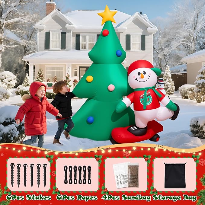7 FT Christmas Tree Inflatables Outdoor Decortaion, Large Blow Up Christmas Tree with Scooter Boy Snowman, Light Up Inflatable Christmas Decoration for Yard Lawn, Garden, Party