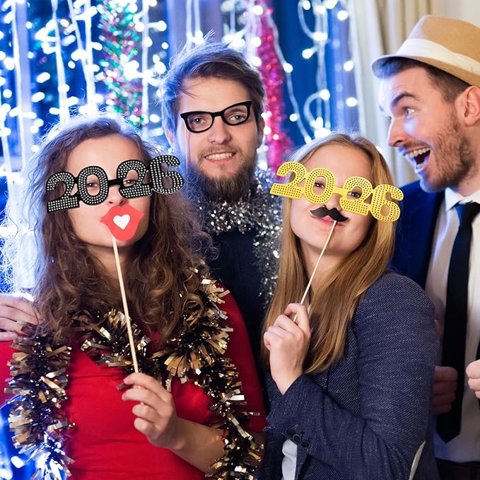 Kanayu 3 Pcs 2026 New Years Party Supplies Glasses New Years Eve Glasses Props for Women Men, Gold, Silver, Black(Diamond Style)