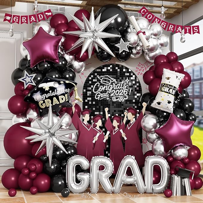 Red Graduation Balloons Garland Arch Kit, 115PCS Red Black Silver Graduation Star Print Cap Certificate Grad Foil Balloon with Silver Explosion Star Balloon for Graduate Class of 2026 Prom Party Decor