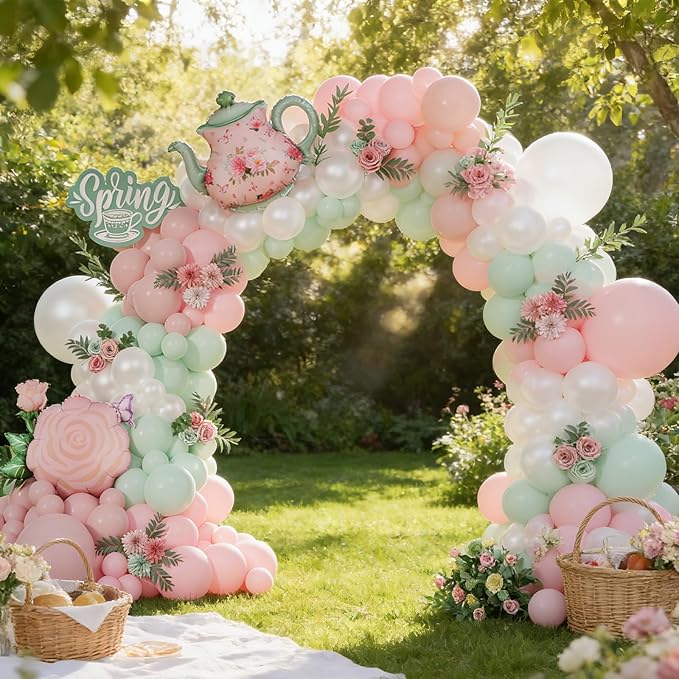 Spring Tea Party Decorations 139pcs Pastel Floral Balloon Garland Arch Kit with Pink Green Teapot and Floral Mylar Balloon for Let's Par-Tea Birthday Spring Garden Mothers Day Tea Party Decor