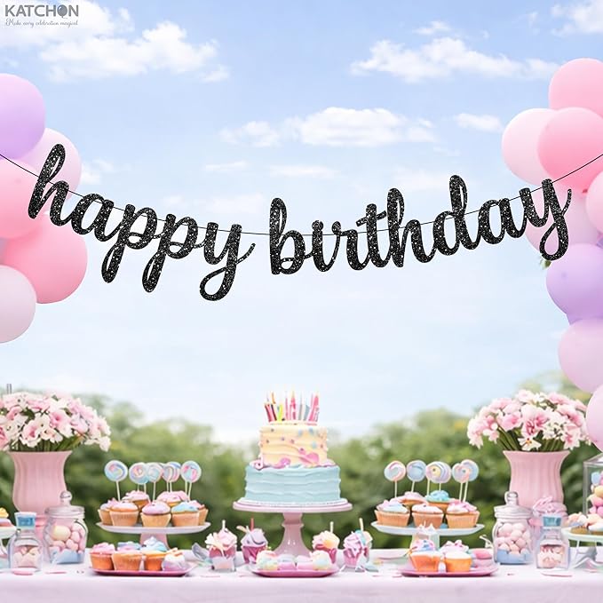 KatchOn, Glitter Cursive Black Happy Birthday Banner - Pre-Strung, 10 Feet | Happy Birthday Sign | Birthday Decorations for Women, Men, Boys and Girls | Birthday Party Decorations