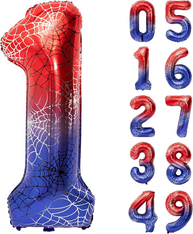 40 Inch Red and Blue Spider Theme Large Number 1 Balloon Giant Foil Birthday Balloons for Spider Theme Party Boy or Girl 1 th Birthday Wedding Anniversary Baby Shower Party Decorations
