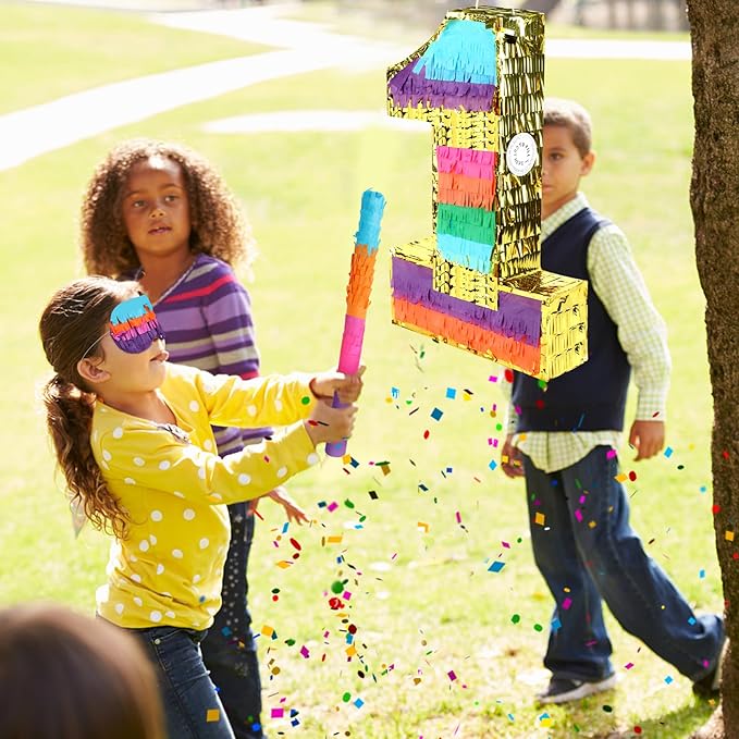 Rainbow Number 1 Pinata Birthday Decorations for Kids, Rainbow Pinata with Bat Stick Blindfold for Boys Girls Birthday Celebrations Baby Shower Party Supplies (16.1x10.6x2.9 Inches)