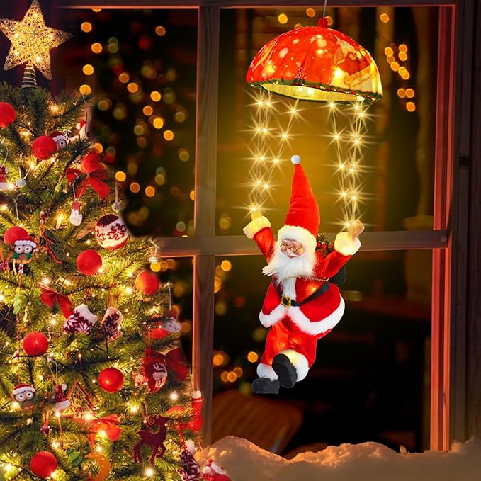 LED Christmas Decorative Hanging Lights with 1.31ft Parachute Santa Claus, Christmas Decorations Lights for Indoor Outdoor, Window, Garden, Home, Wall, Xmas Tree Decor