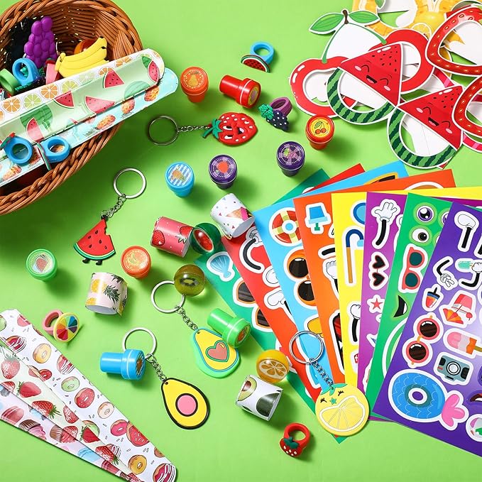 Blosssound 96 Pcs Fruit Party Favors Summer Theme Birthday Gifts Set Make a Fruit Sticker Stress Ball Slap Bracelet Glass Ring Keychain Stamper Gift Bag Piñata Fillers Classroom Prizes