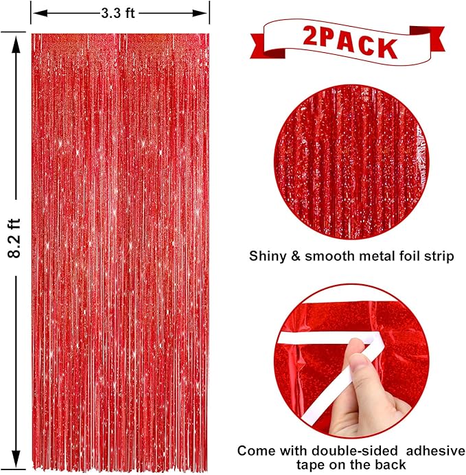 2 Pack Laser Red Foil Fringe Curtains Streamers Party Decorations 3.3 x 8.2 ft, Tinsel Curtain Fringe Backdrop for Parties, Door Fringe Birthday Streamers, Photo Booth Backdrops, Party Decor