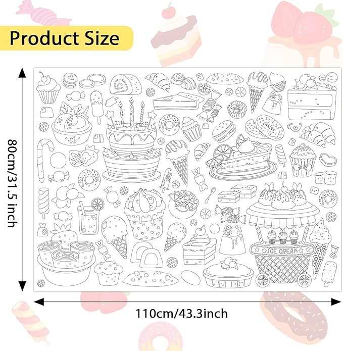 ZOIIWA Ice Cream Coloring Poster Giant Coloring Poster Large Sweet Treats Coloring Tablecloth Jumbo Coloring Books Classroom Home Birthday Party Supplies Favor 31.4 x 43.3 Inch