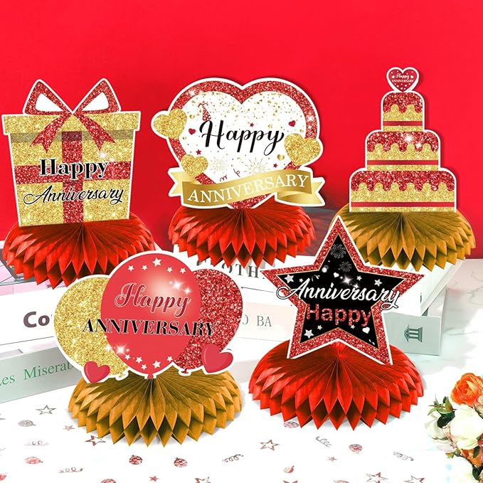 8Pcs Happy Wedding Anniversary Decorations Red Gold Anniversary Table Honeycomb Centerpiece Anniversary Table Toppers Party Supplies for Adult 10th 20th 30th 40th 50th 60th Anniversary Table Decor
