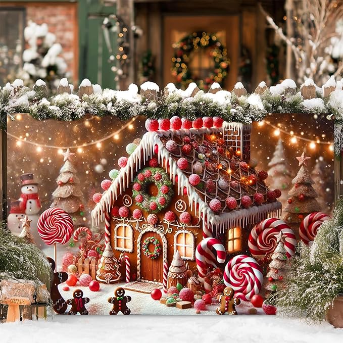 Winter Door Banner Backdrop Christmas Gingerbread House Banner Candy Cane Lollipop Tree Snowman Backdrop Holiday Sweet Wonderland Scene 71x43 inch Party Wall Decoration