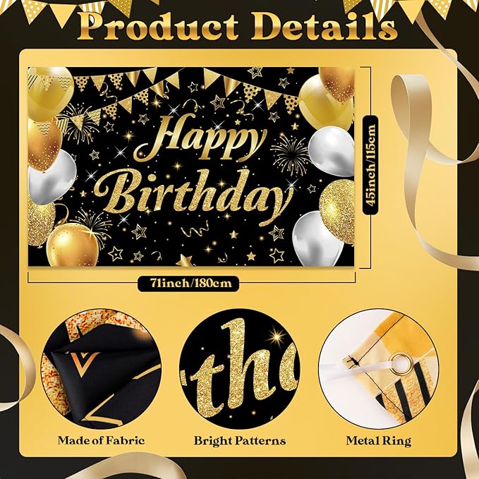 Happy Birthday Banner - Decorations for Men Women Party Welcome Background Sign, Indoor Outdoor (Gold-A)