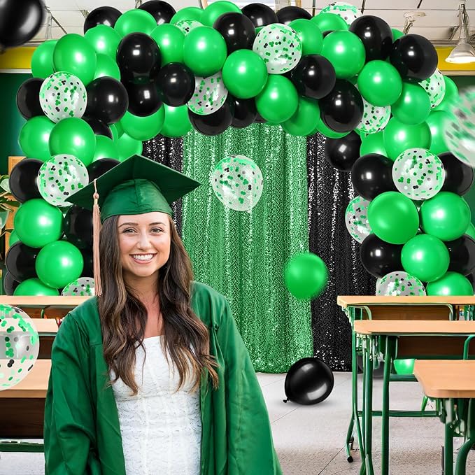 137 Pcs Green Black Party Backdrop Kits- 4 Sequin Curtains Backdrop 133 Balloon Arch Kit, Glitter Photo Background for Graduation Birthday Wedding Anniversary Baby Shower