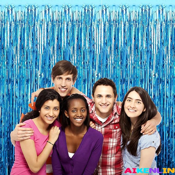 4 Pack 3.3Ft x 6.6Ft Lake Blue Foil Fringe Curtain Backdrop, Metallic Tinsel Foil Fringe Streamers Curtains Background for Photo Booth, Birthday, Wedding, Halloween, Christmas Party Decoration