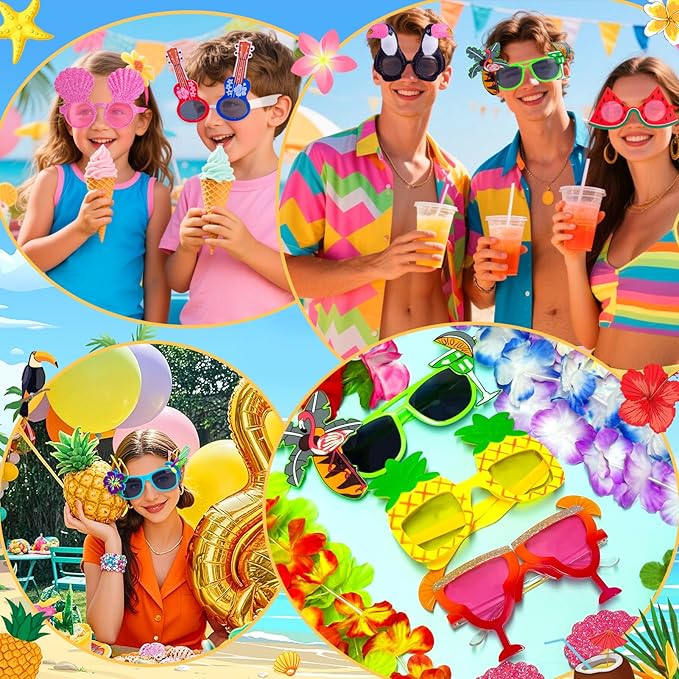 36 PCS Hawaiian Beach Tropical Party Decorations, Fun Summer Kids Party Favors with Luau Sunglasses and Hawaiian Leis Necklaces Bracelets for Beach Pool Themed Party Supplies Decoration