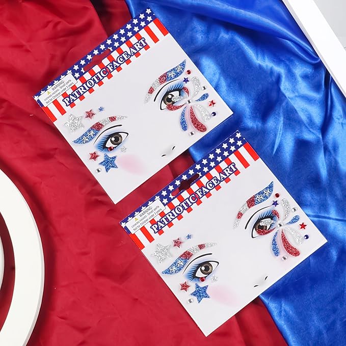 2 Sheets USA Flag & Stars Glitter Face Tattoo Jewelry, 4th of July Celebration Face Gems with Assorted Designs, Sparkle Red Blue Glitter in Independence Day, Parades, Parties & More (style4)