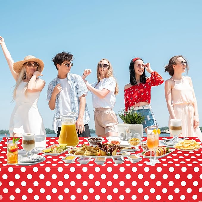 WNINK 6 Pack Red and White Polka Dot Tablecloths – Disposable Plastic Waterproof Table Cover, 54" x 108", for Birthday, Wedding, Bridal Shower, Bachelor Party, and Picnic