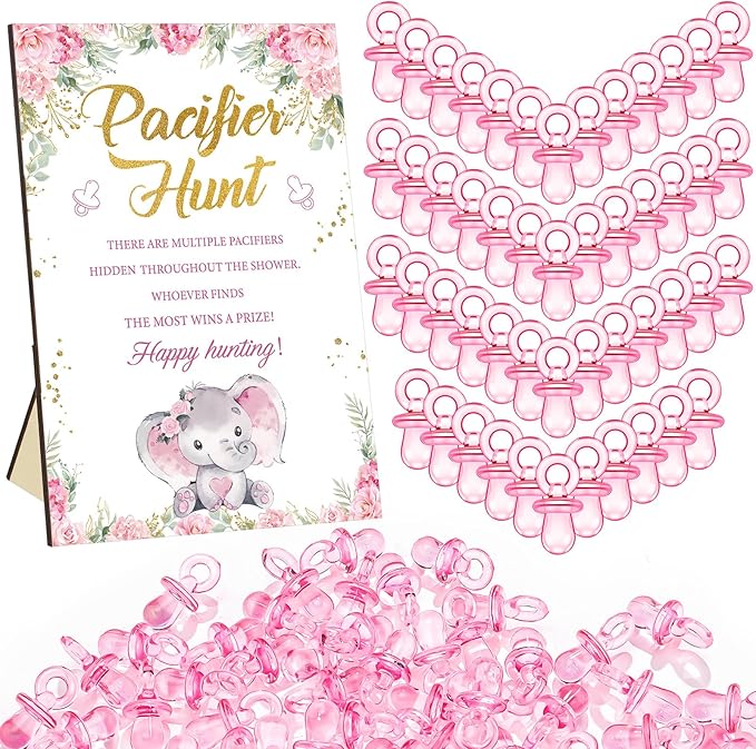Thyle 51 Pcs Pink Elephant Pacifier Hunt Baby Shower Games Include Hunt Sign 50 Acrylic Pacifiers It's a Girl Pink Elephant Theme Baby Shower Game Decoration Gift Sets for Gender Reveal Party Decor