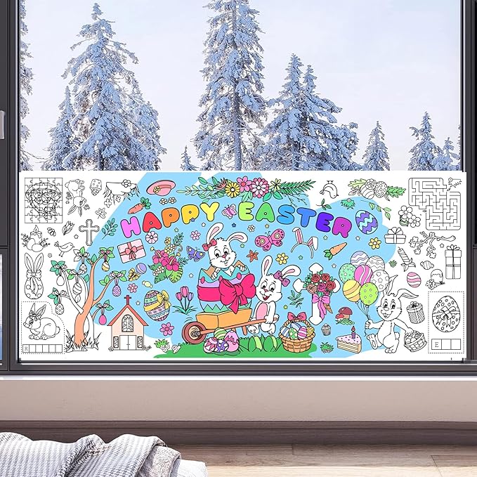 Easter Giant Coloring Poster/Tablecloth, Crafts for Kids, 30 x 72 Inches Jumbo Coloring Banner, Versatile Paper Table Cover for Easter Party Favors, Wall Decoration