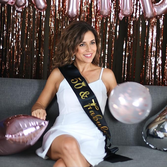 50th Birthday Sash for Women and Men,50&Fabulous Sash Black with Gold Foil Lettering.