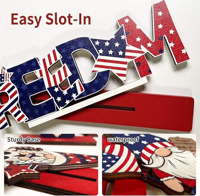 4th of July Table Decorations Patriotic Desk Decor 3 Pcs Wooden Gnomes Freedom Memorial Day Red White and Blue Decor
