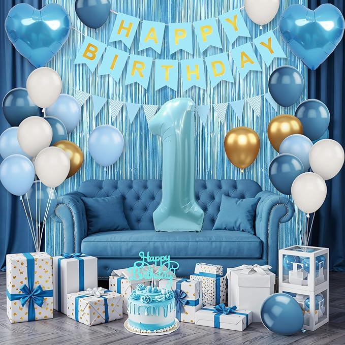 1st Birthday Decorations Blue White Gold,First Birthday Balloons with Happy Birthday Banner Fringe Curtain Heart Foil Balloons for Boys Girls 1 Year Old Birthday Decor