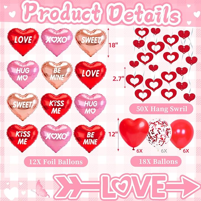 Valentines Day Decorations, 12pcs Valentines Day Balloons, Red Heart Balloons and Love Foil Balloons, Fake Rose Petals Wedding Backdrop Party Supplies