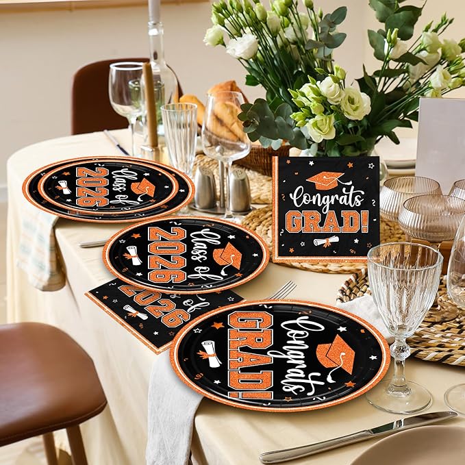 Graduation Plates and Napkins 2026,Orange Graduation Decorations 2026,200pcs Orange and Black Plates and Napkins Graduation Party Supplies for Graduation Party Decorations,Serve 50