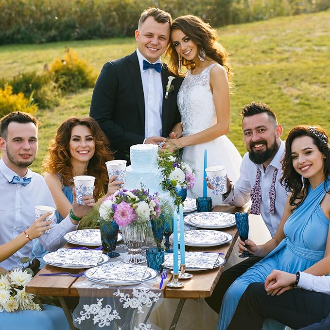 Kochorie 144 Pieces Floral Party Supplies, Blue and White Flower Tableware Sets Including Disposable Paper Plates Napkins Cups Forks Serves 24 for Wedding Baby Shower Birthday Party Decorations