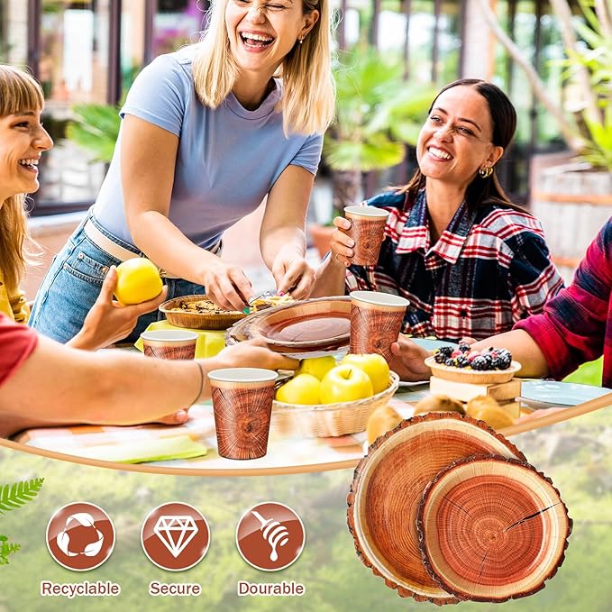 350 Pcs Camping Wood Grain Slice Tableware for 50 Guests Rustic Camo Hunter Plates Disposable Napkins Cups Plates Cutlery Hunting Plastic Knives Fork Spoon for Camping Party