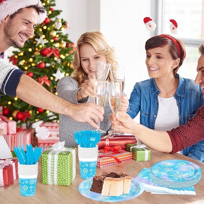 175 Pcs Snowflake Winter Wonderland Tableware Set - Serves 25, Snowflake-Themed Disposable Plates, Cups, Napkins, Forks, Spoons, Knives for Christmas, Winter Party Supplies, Holiday Gatherings