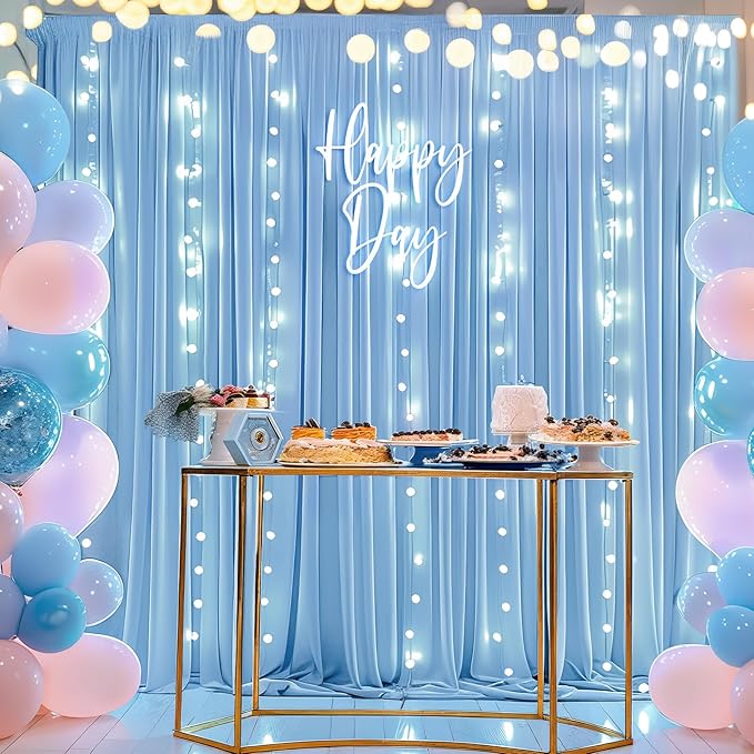 Blue Backdrop Curtains with Lights for Parties,10x10FT Wrinkle Free Polyester Wedding Photo Backdrop Curtains for Baby Shower Birthday Ceremony Reception Home Party Decorations-5ft x 10ft,2 Panels