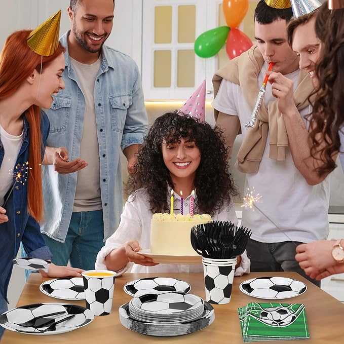 Kochorie 144 Pieces Football Party Supplies, Sports Tableware Sets Including Disposable Paper Plates Napkins Cups Forks Serves 24 for Soccer Games Birthday Football Party Decorations