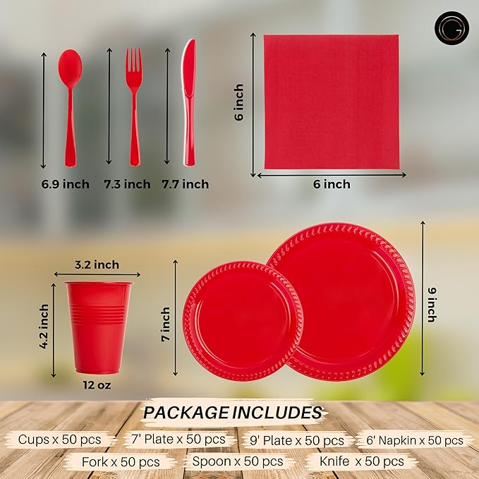 350 Piece RED Disposable Dinnerware Set 50 Guests, Plastic Party Plates And Cups And Napkins Sets - 50 Count 9" Dinner Plates, 7" Dessert Plates, 12oz Cups, Paper Napkins, Forks, Knives & Spoons