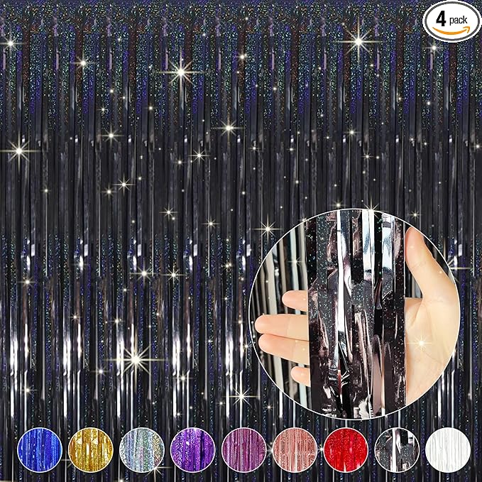 QRabbit 4 Pack Black Tinsel Foil Fringe Curtains - 3.3x6.6 Ft Metallic Party Streamers Backdrop for Birthday Wedding Christmas Party Decor, Self-Adhesive Photo Booth Wall Door Decorations