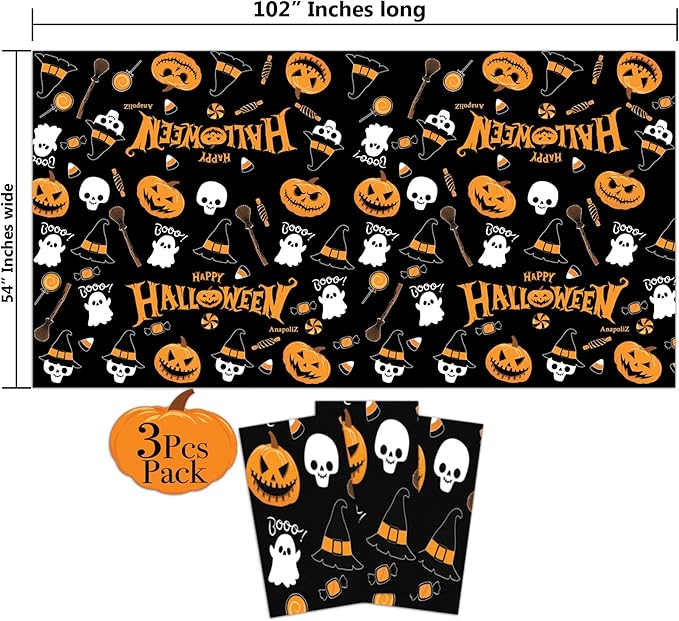 AnapoliZ Halloween Plastic Tablecloth | 3 Pcs Pack (54' x 102') | Rectangular Table Cover | Pumpkin, Witches Decoration | Party Tablecover