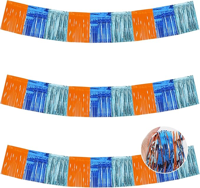 BEISHIDA 3 Packs Metallic Foil Fringe Garland Orange Bue Wall Hanging Tinsel Fringe Banners for Car Floats Birthday Party Decoration Baby Shower Backdrops Dog Theme Party Supplies(30 Feet)
