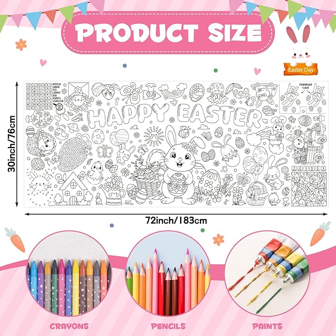 Easter Giant Coloring Poster/Tablecloth, 30 x 72 Inch Jumbo Craft for Kids Art Crafts Paper Banner Kids Games Activities,Coloring Tablecloth Crafts for Easter Classroom Wall School Home Parties