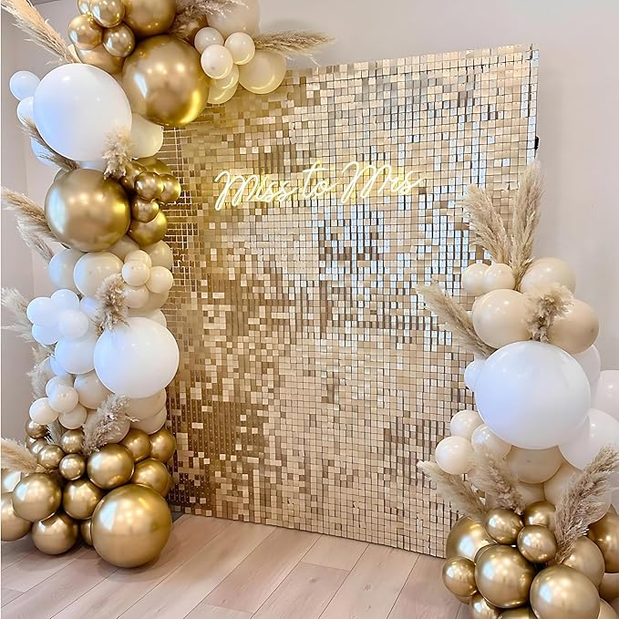 Light Gold Shimmer Wall Backdrop 36 Panels Cover 6 x 6 Ft, Photo Backdrops for Wedding,Anniversary,Birthday,Party Decoration