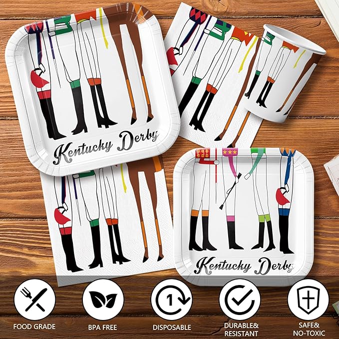 168Pcs Derby Day Plates Napkins Derby Party Supplies Paper Cups Disposable Tableware Set Horse Racing Party Decorations Serve 24 Guests