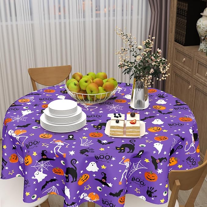 Halloween Tablecloth Round 60 Inch Purple Outdoor Table Cloth Black Orange Pumpkin Table Cover for Kitchen Dinner Room Holiday Party Outdoor Home Halloween Decor
