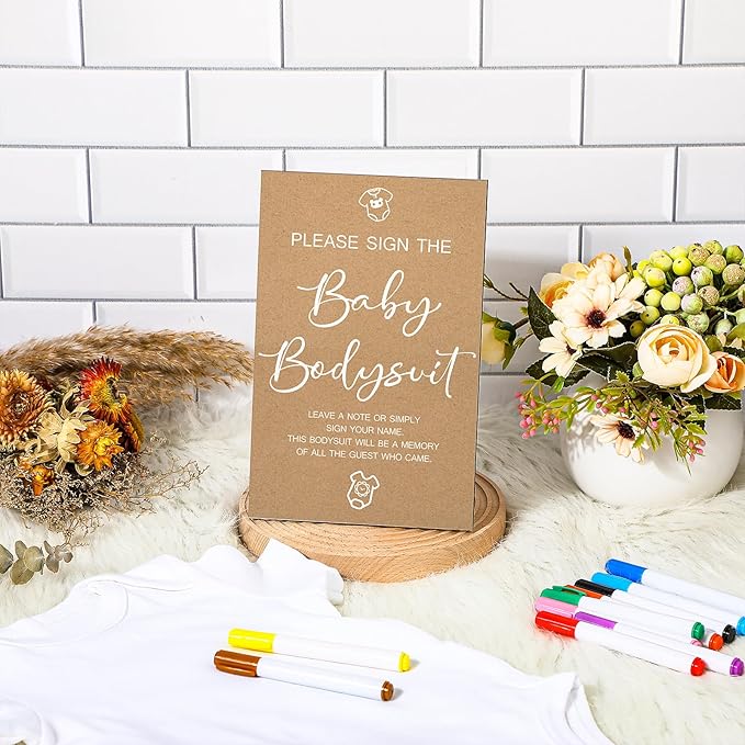 Qunclay 12 Pcs Baby Shower Game Decor with White Unisex Bodysuit Wooden Sign Tabletop Decor and Marker for Guests(Kraft)