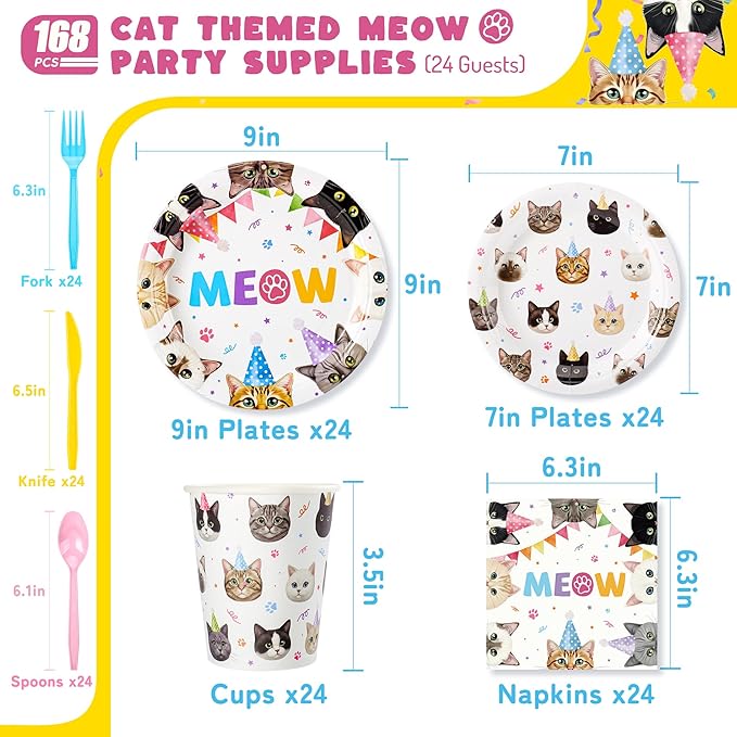 Cats Happy Birthday Party Plates Set, 168PCS Cats Themed Paper Plates Napkins Cups and Colorful Cutlery Set, 24 Set Cat Disposable Tableware Set for Birthday Party Supplies