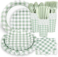 200 Pcs Sage Green Gingham Party Supplies Green and White Scalloped Paper Plates and Napkins Cups Disposable Gingham Checkered Plaid Dessert Plates Tableware Set for Baby Shower Wedding BBQ